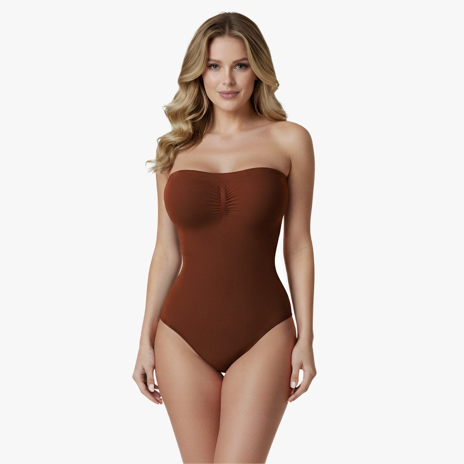 Corrective, seamless, strapless bodysuit with briefs