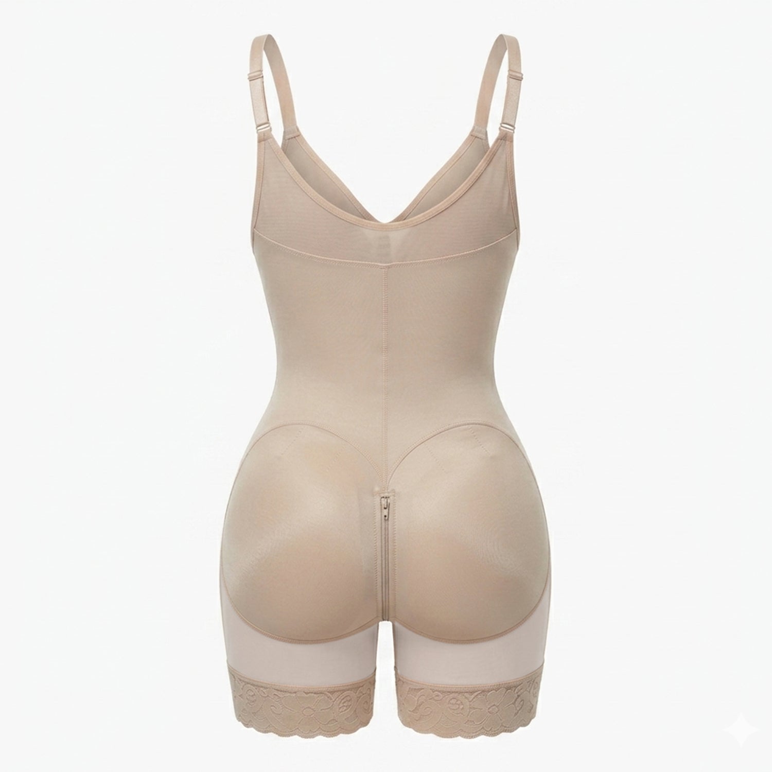 Shaping bodysuit with built-in bra, hooks, and zipper