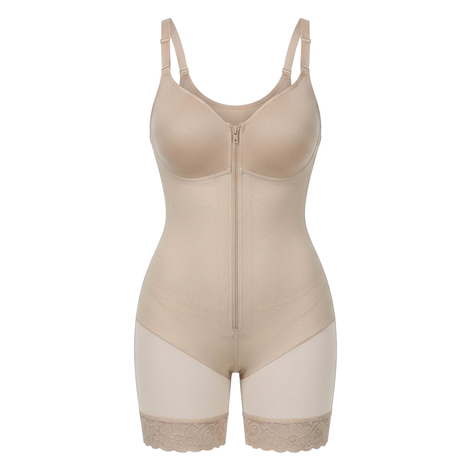 Shaping bodysuit with built-in bra, hooks, and zipper
