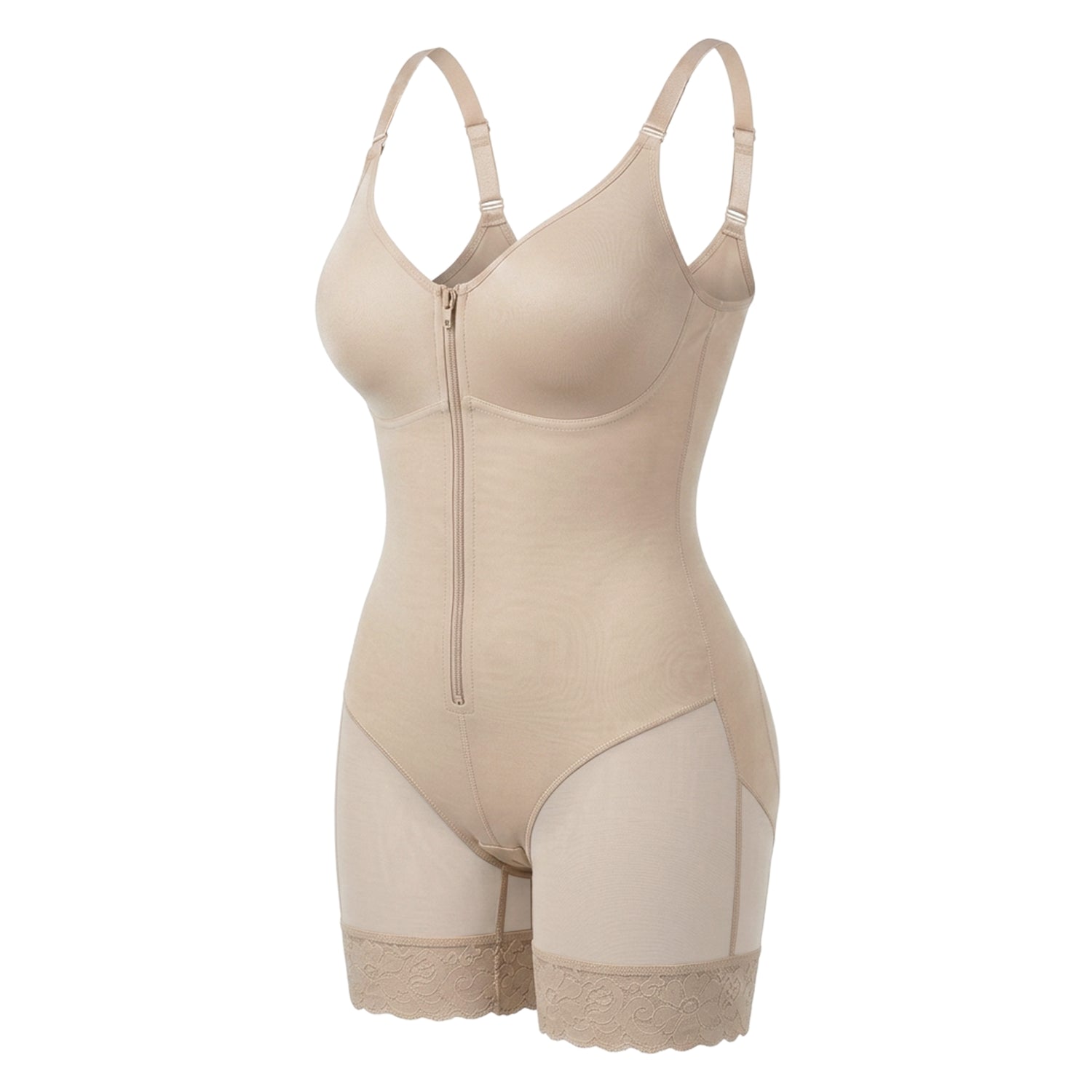 Shaping bodysuit with built-in bra, hooks, and zipper