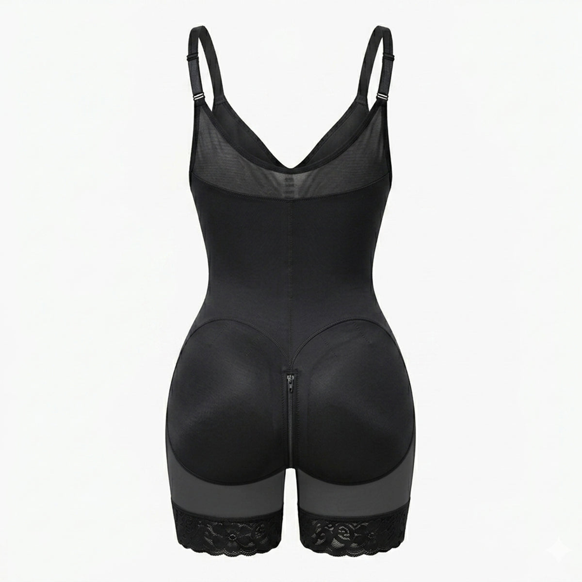 Shaping bodysuit with built-in bra, hooks, and zipper