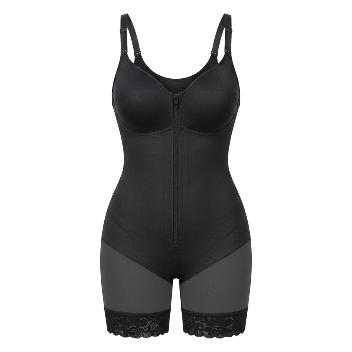 Shaping bodysuit with built-in bra, hooks, and zipper