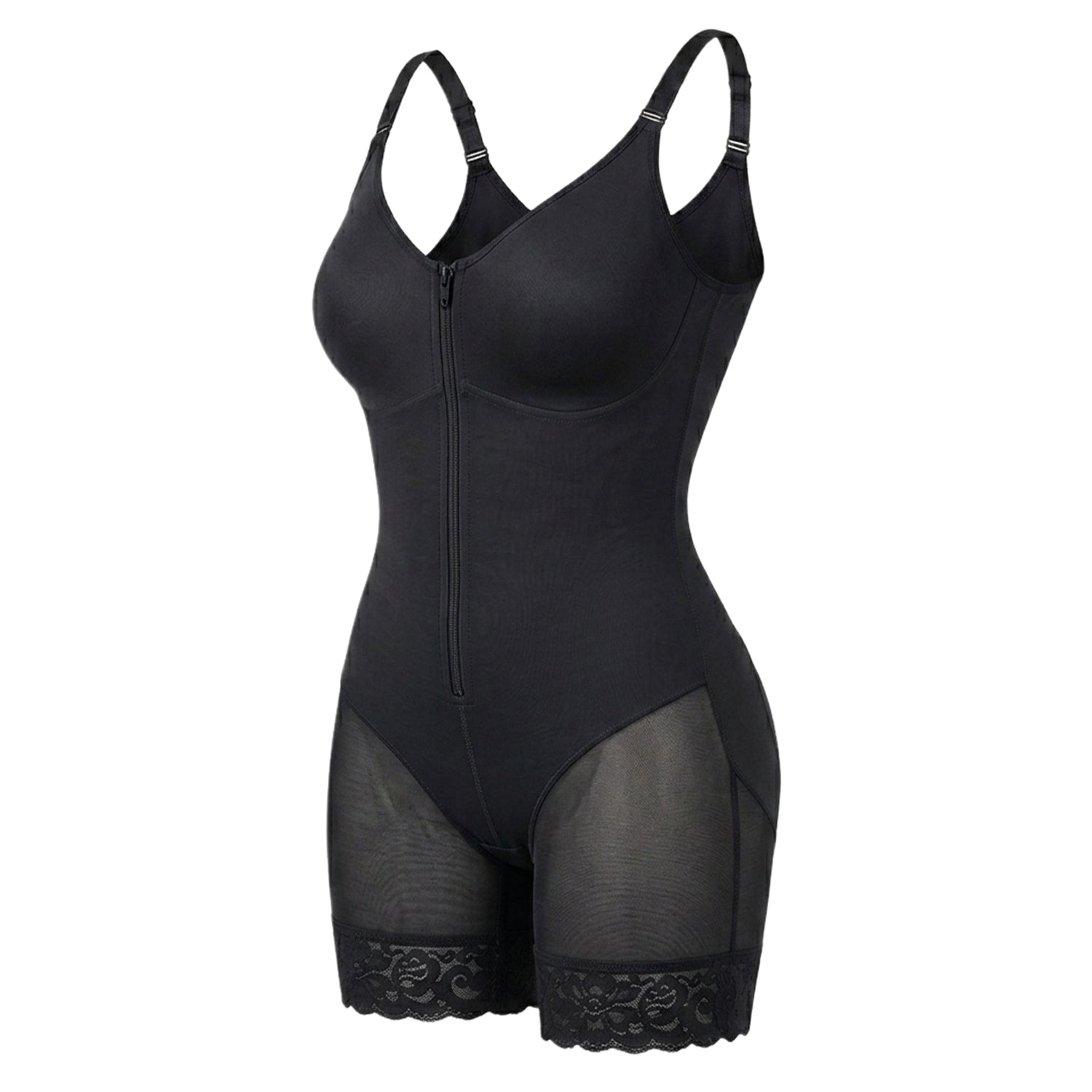 Shaping bodysuit with built-in bra, hooks, and zipper