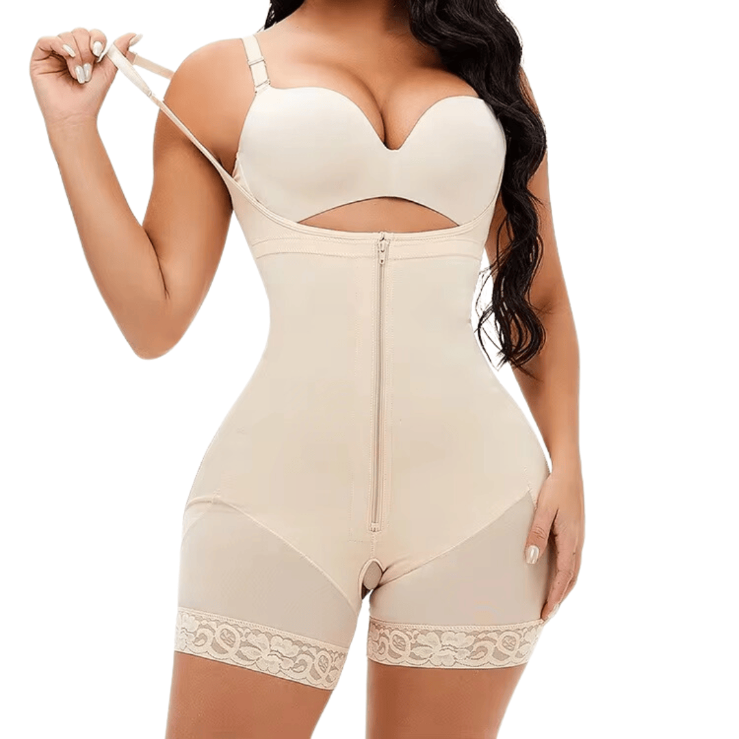 Shaping bodysuit with hooks and zipper
