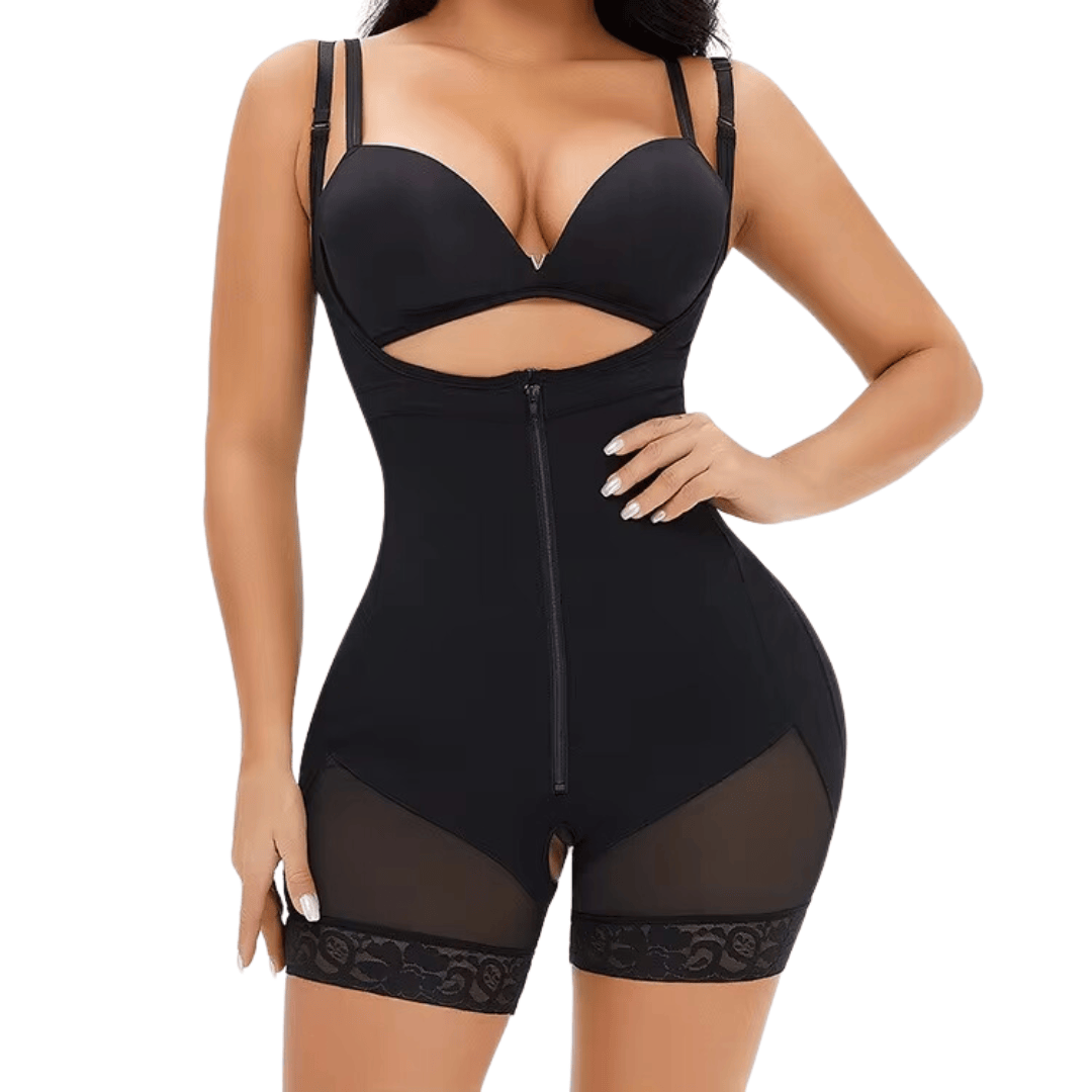 Shaping bodysuit with hooks and zipper