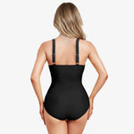 Shaping swimsuit with pink pleats and adjustable straps