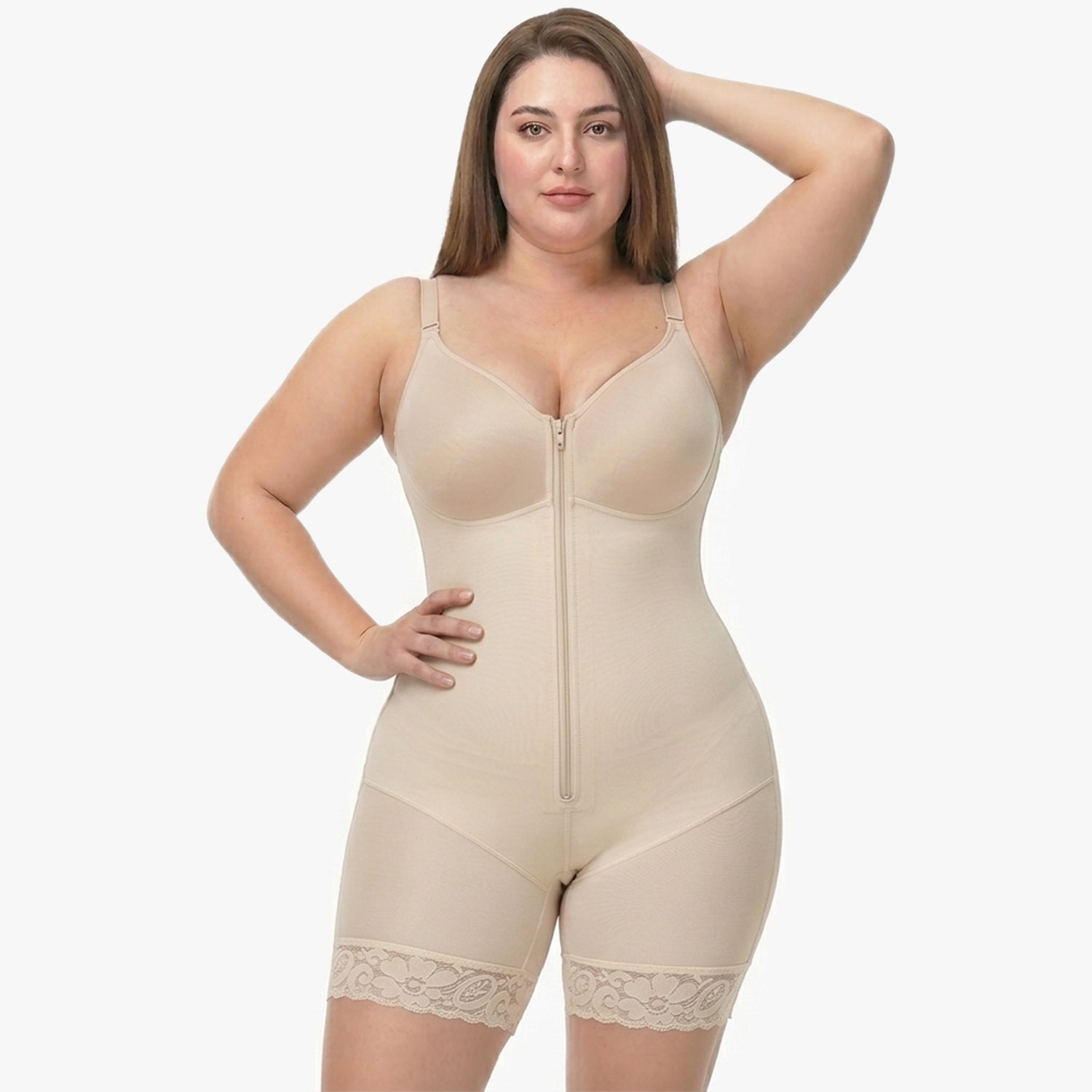 Shaping bodysuit with built-in bra, hooks, and zipper