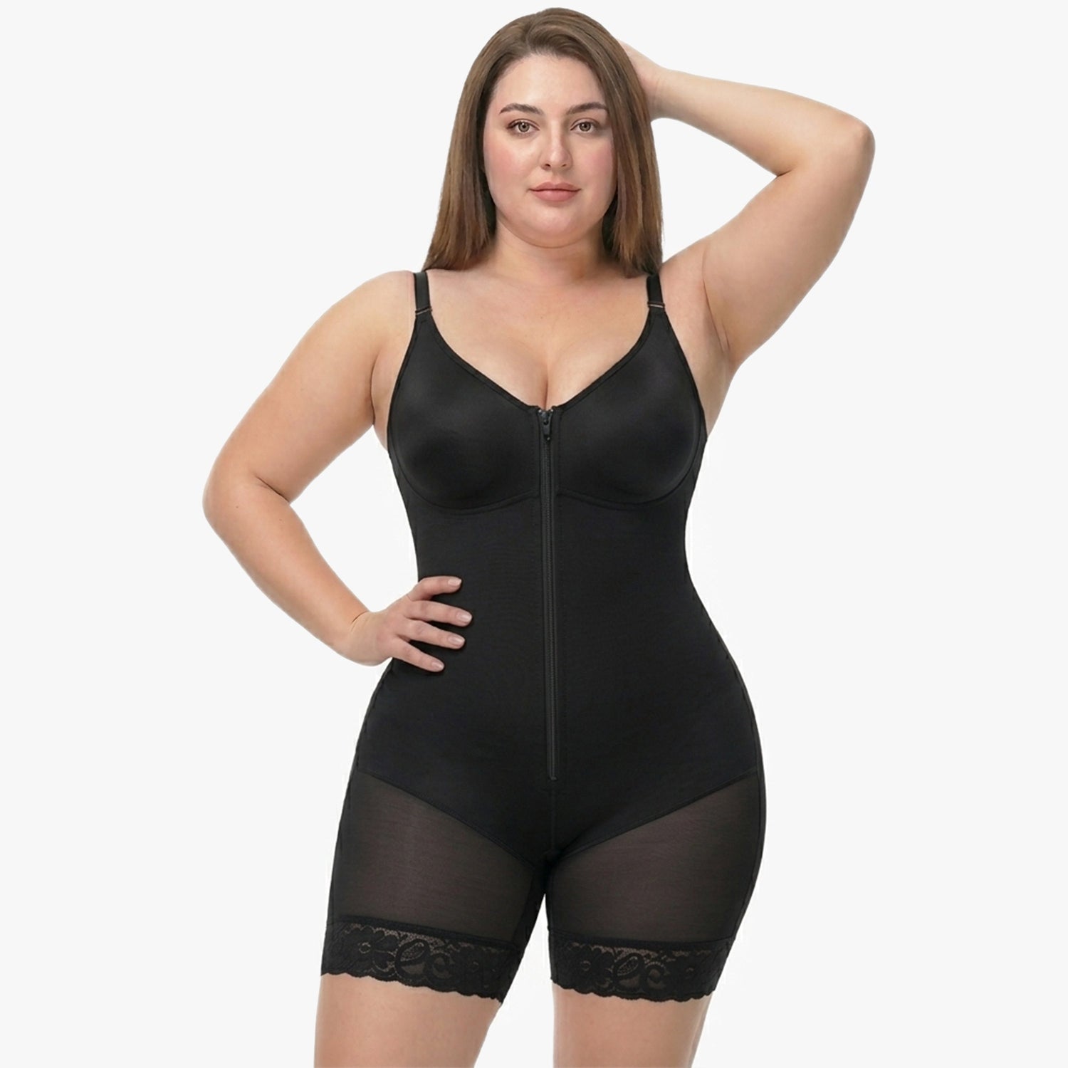 Shaping bodysuit with built-in bra, hooks, and zipper