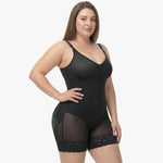 Shaping bodysuit with built-in bra, hooks, and zipper
