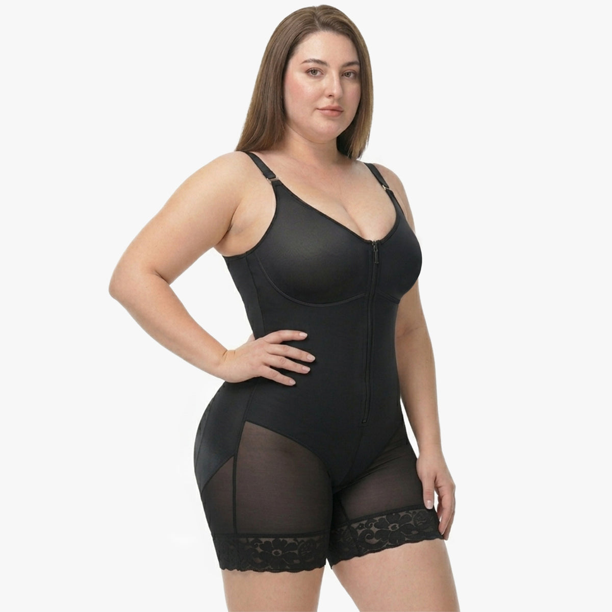 Shaping bodysuit with built-in bra, hooks, and zipper