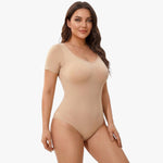 Seamless shaping bodysuit with short sleeves and thong