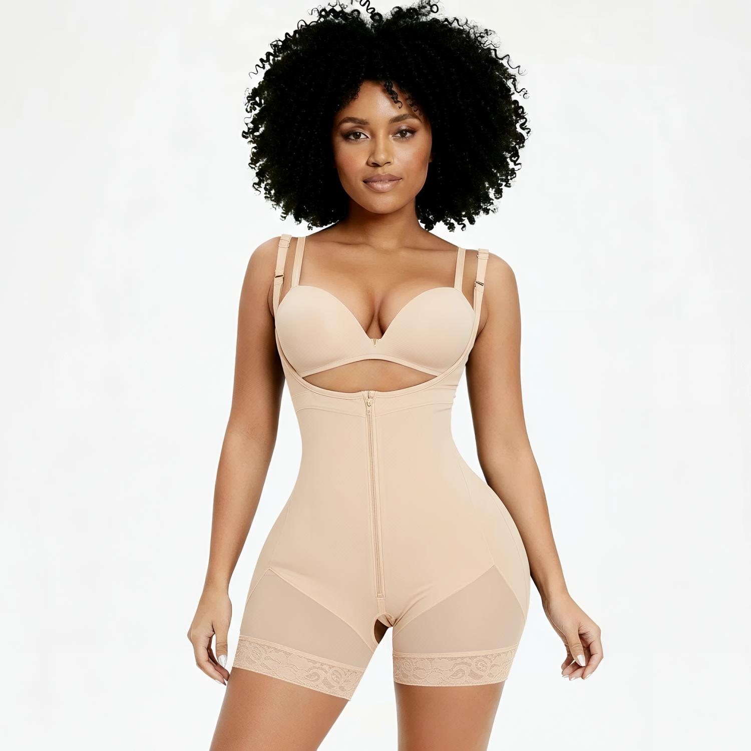 Shaping bodysuit with hooks and zipper