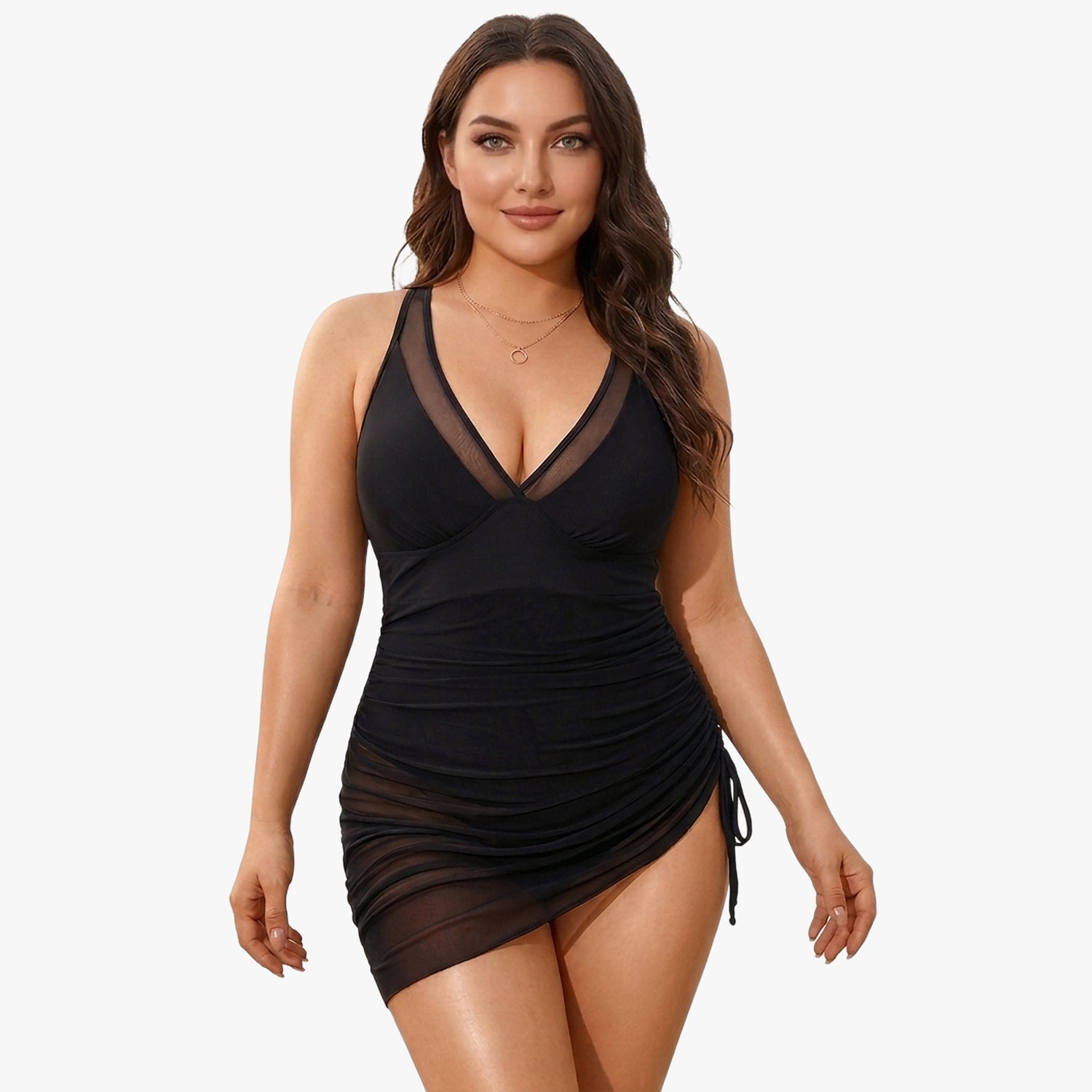 Shaping swimsuit dress with mesh skirt