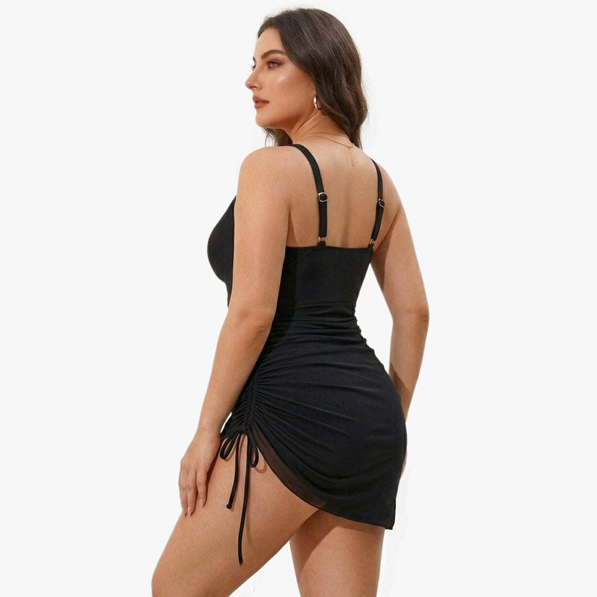 Shaping swimsuit dress with mesh skirt