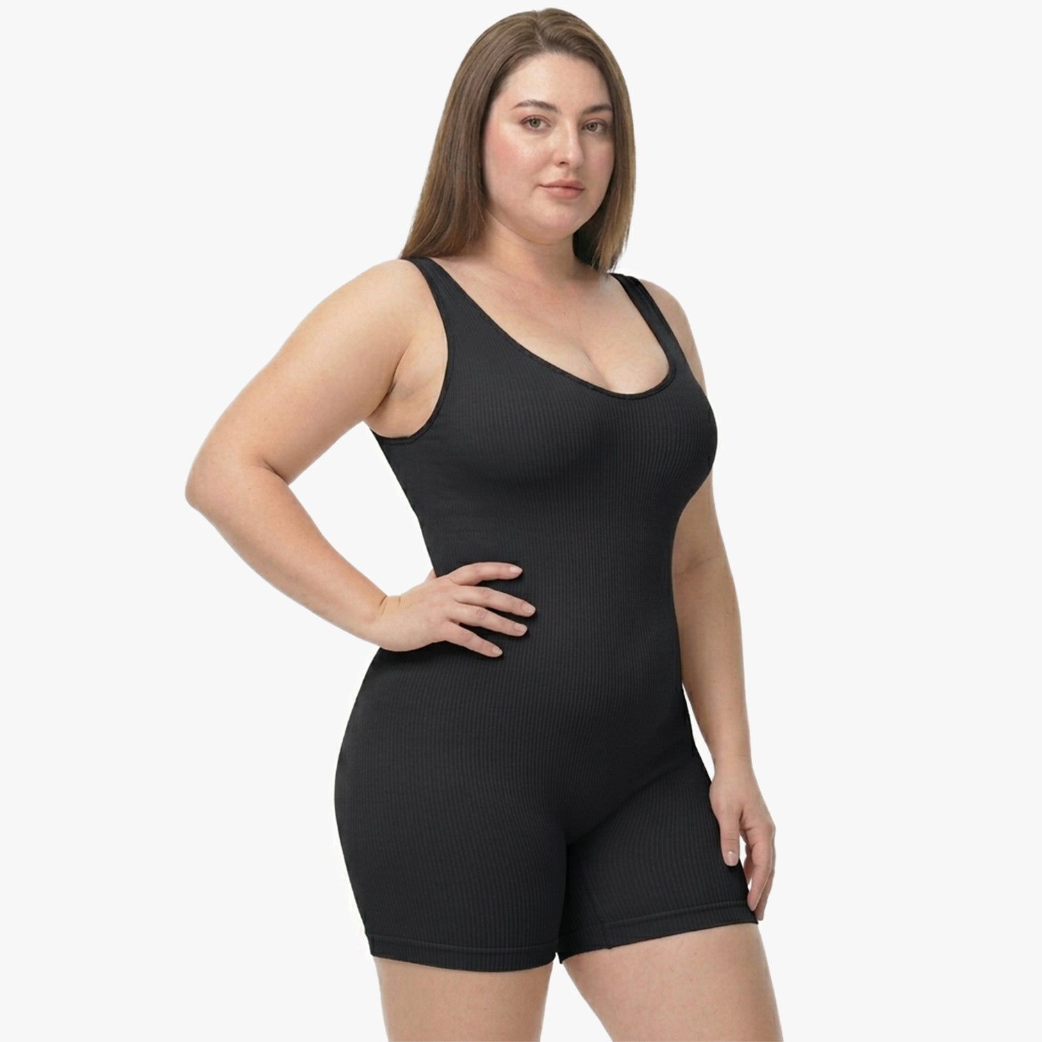 Seamless shaping bodysuit with wide straps and long legs