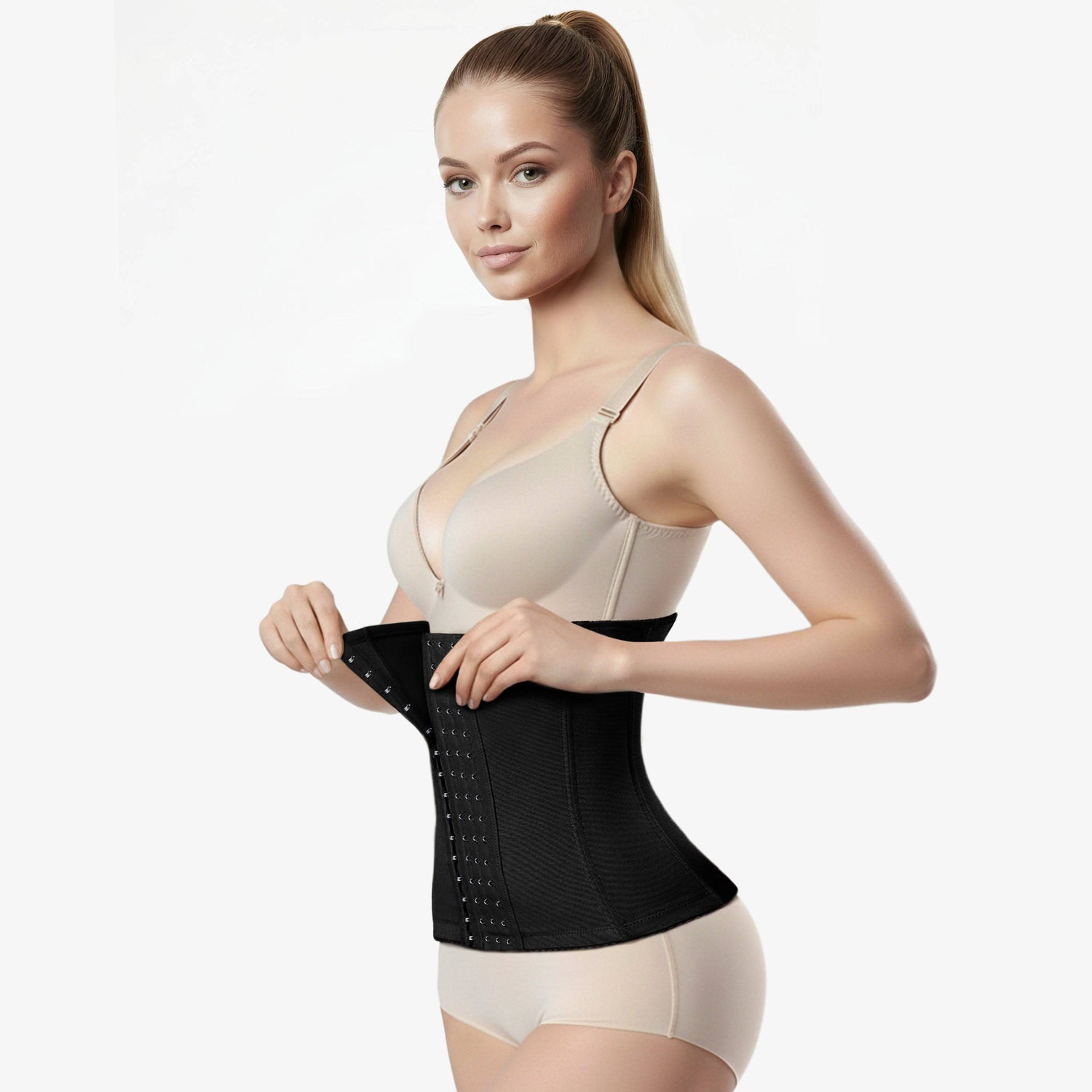Waist-shaping corset with 6 rows of hooks