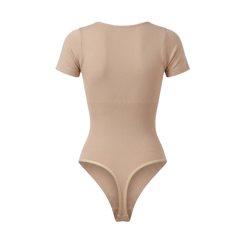 Seamless Short Sleeve Thong Bodysuit with Shapewear