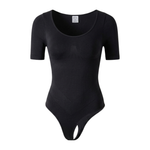Seamless Short Sleeve Thong Bodysuit with Shapewear